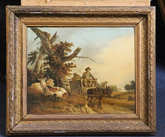 Benjamin Zobel (1762-1831) Donkey cart on a lane with tethered goats nearby 11.5 x 14.5in.